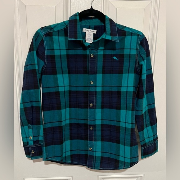 Tommy Bahama Kids Boys Green & Blue Plaid Button Down Shirt in Size Large 10/12 - Picture 2 of 16